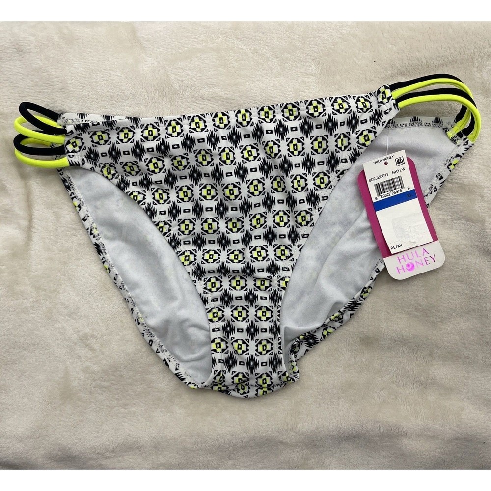 Hula Honey Women's Bikini Bottom Strappy Hips Neon Yellow Size XL Full Coverage